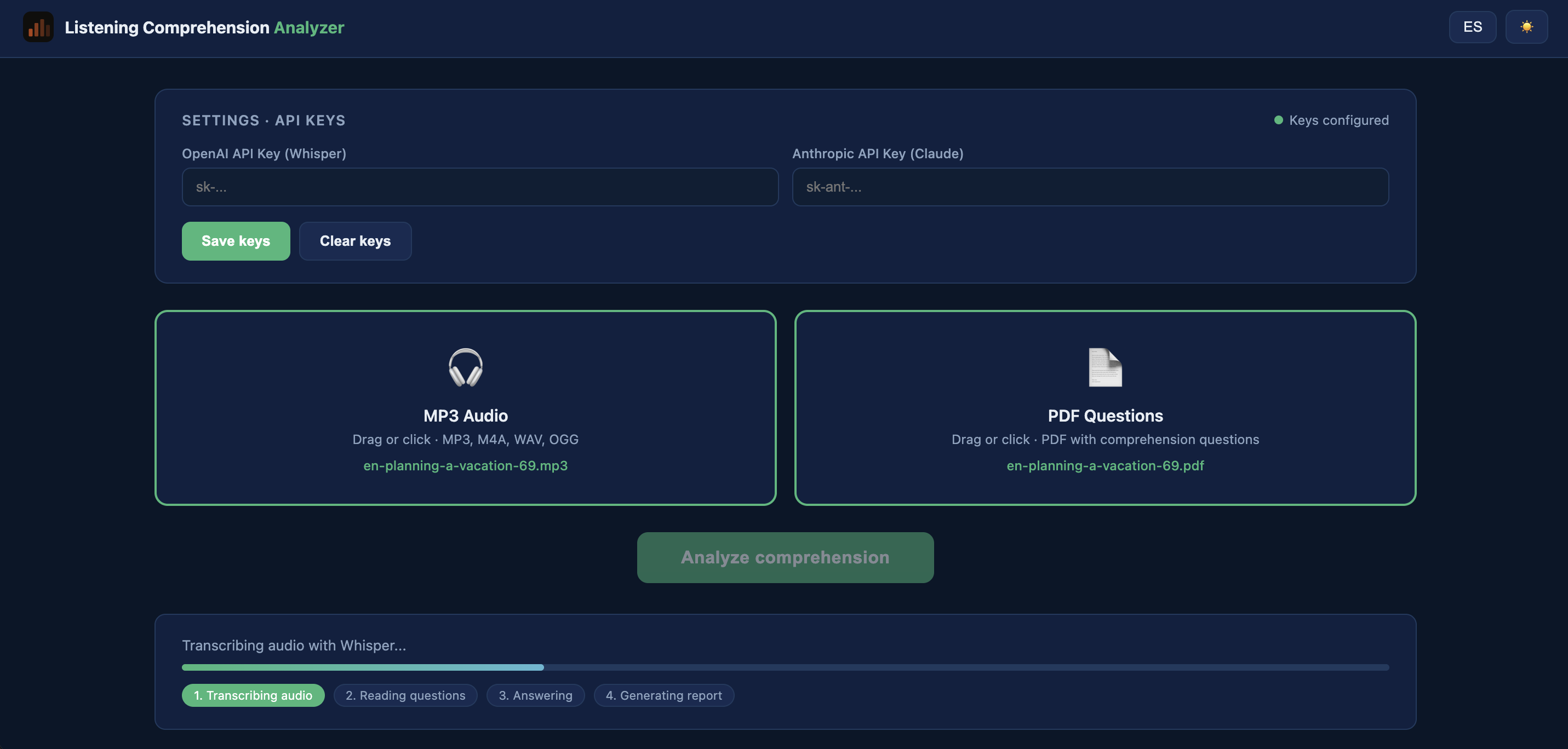 Listening Comprehension Analyzer — captura 1