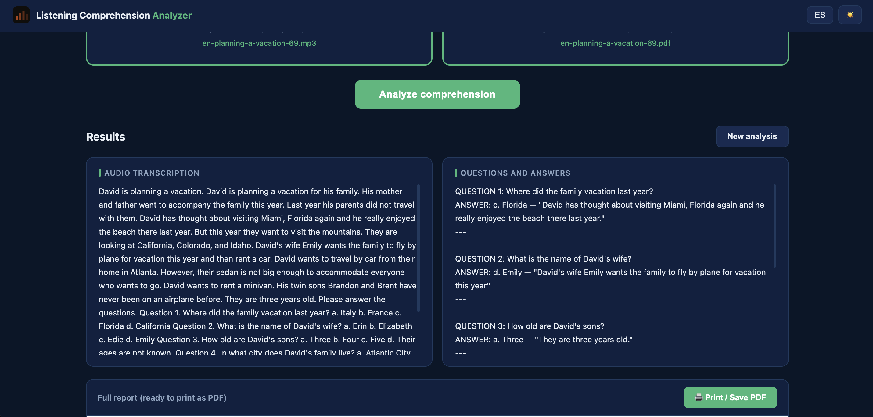 Listening Comprehension Analyzer — captura 2
