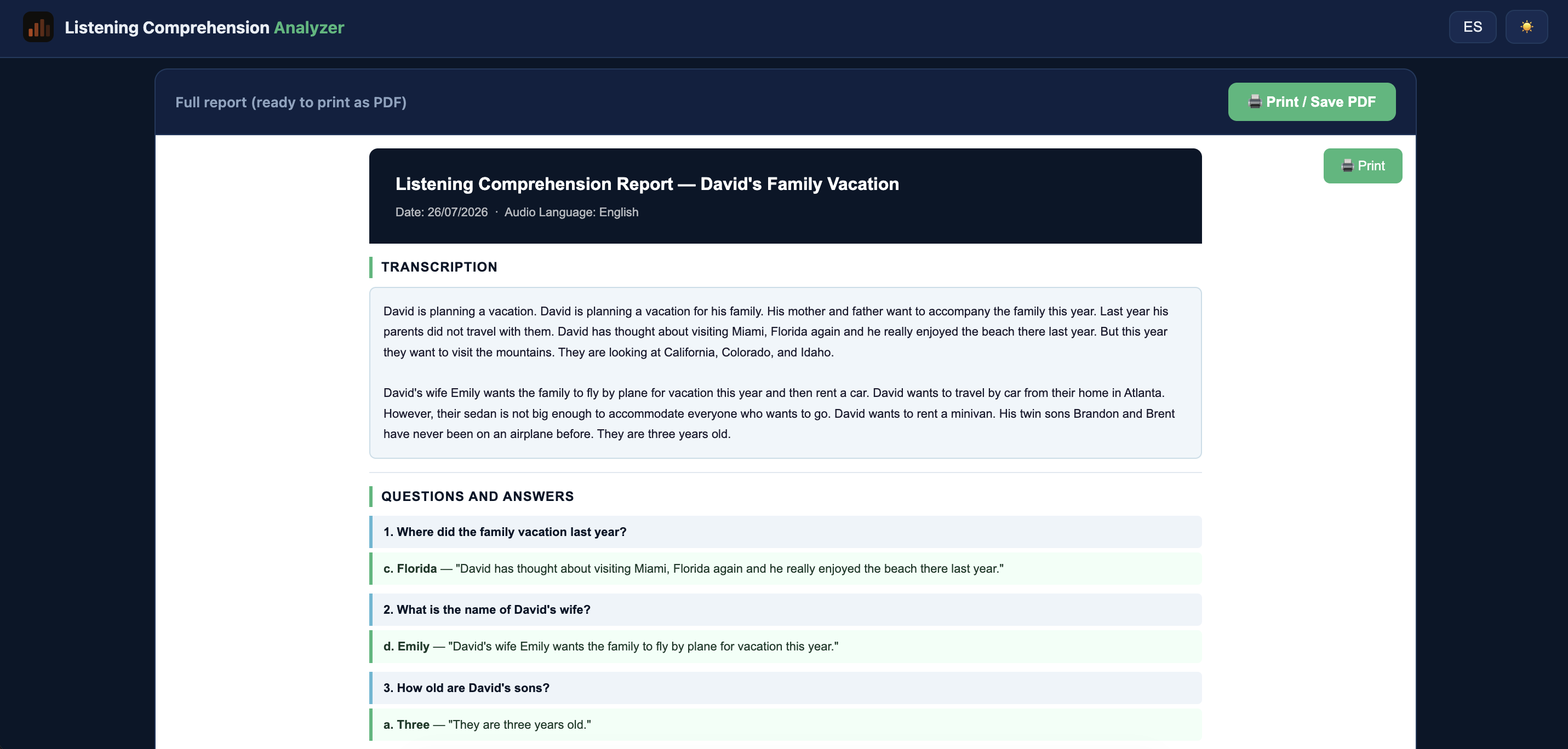 Listening Comprehension Analyzer — captura 3