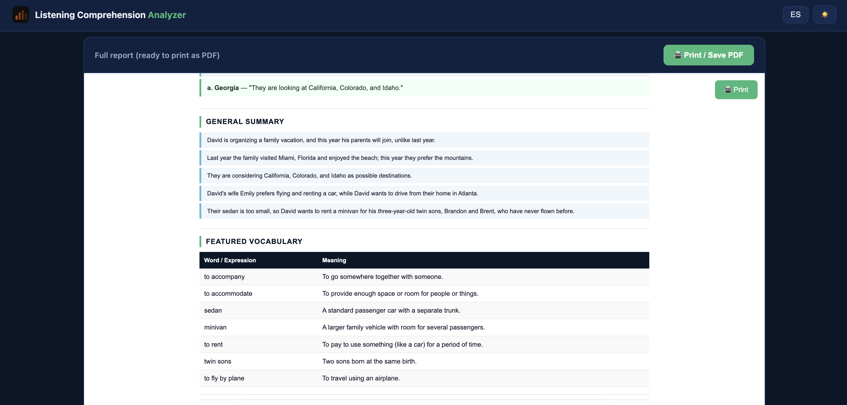 Listening Comprehension Analyzer — captura 4